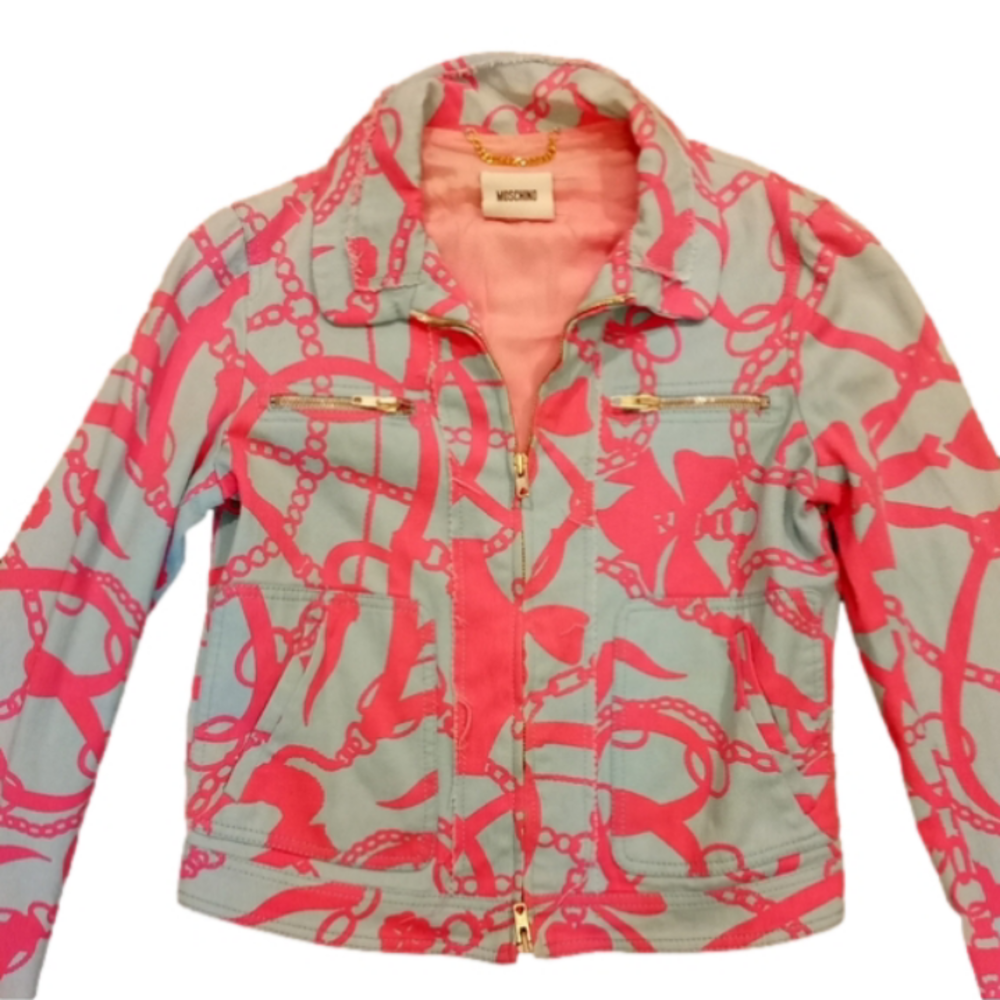Moschino Vintage Women's Blue Pink Hearts Bows Chain Cotton Shirt Jacket Coat